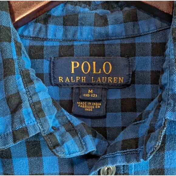 Polo Ralph Lauren Size Medium Plaid Shirt Boys Blue Check Top Button 10-12 LS RL - Picture 2 of 5
